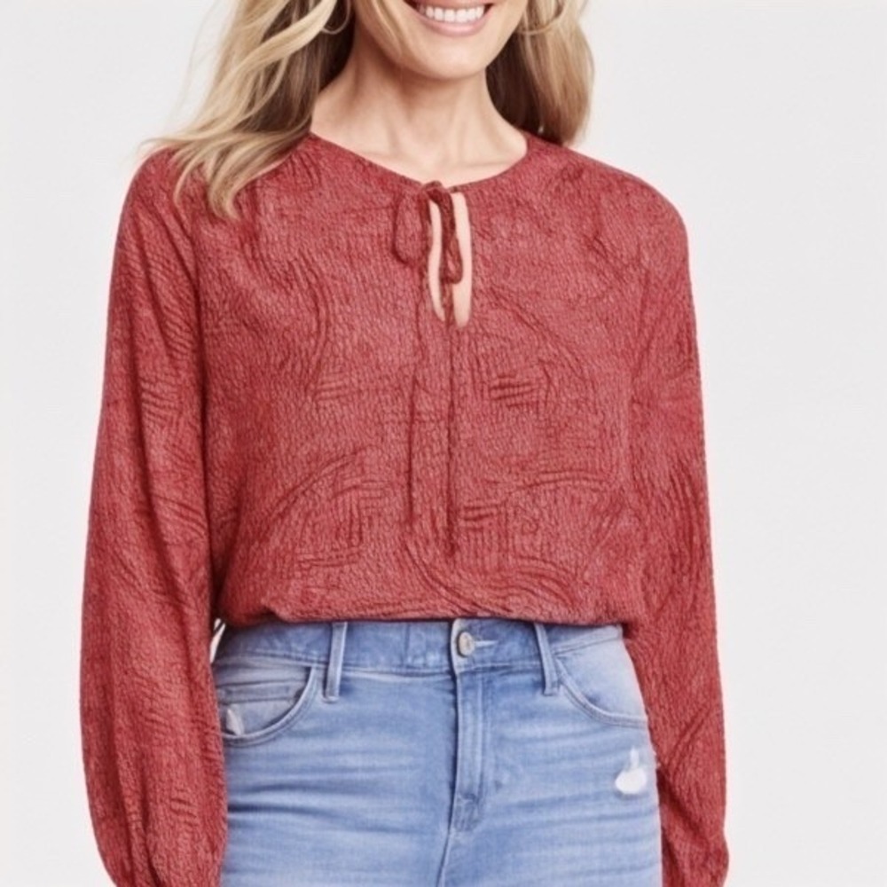 Knox Rose Abstract Dot Oversized Blouse Womens XXL Red Ruffle Cuff Spring Flowy